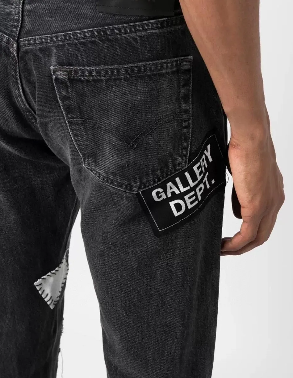-Size upper body P246#G22 GALLERY DEPT. Skull hand-stitched distressed distressed jeans -Color: Black -Size: S-XXL